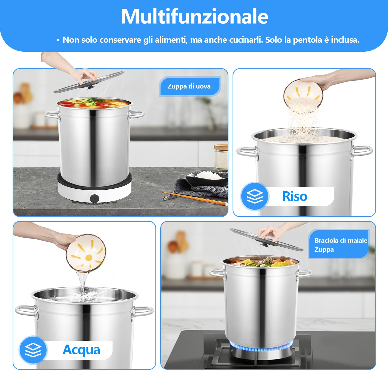 Pentola per zuppa in acciaio inox, 35 litri, grande con fondo ispessito, fondo con scanalature antiscivolo, 35 cm x 36 cm, pentole alte, lucidatura fine, grande capacità, HG-2097