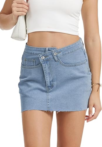 DEICAEVO Women's Low Waisted Denim Skirt, A-Line Cute Asymmetrical Jean Skirts L