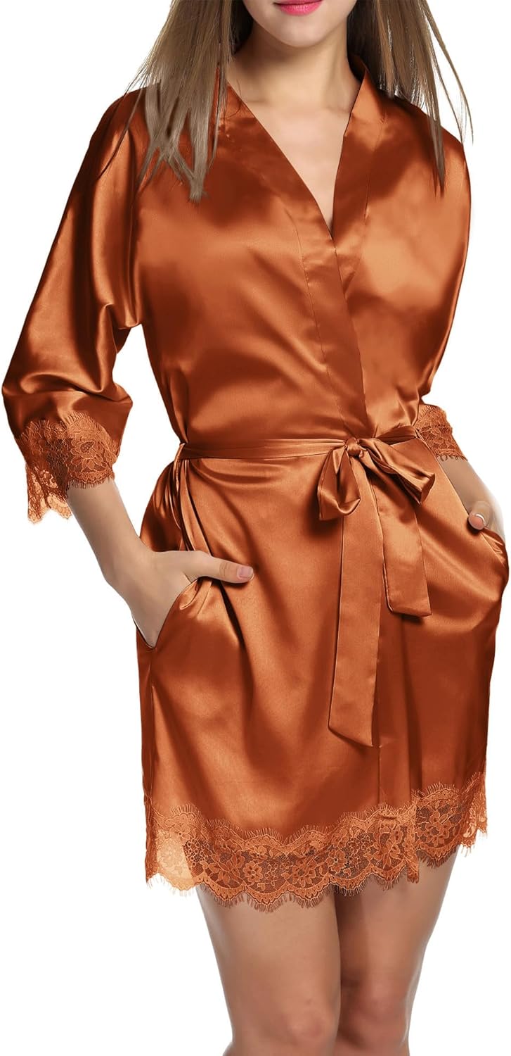 Ekouaer Womens Silk Robe Short Lace Trim Satin Robe 3/4 Sleeve Sexy Kimono Bride Bathrobe Comfy Sleepwear with Pockets - Image 3