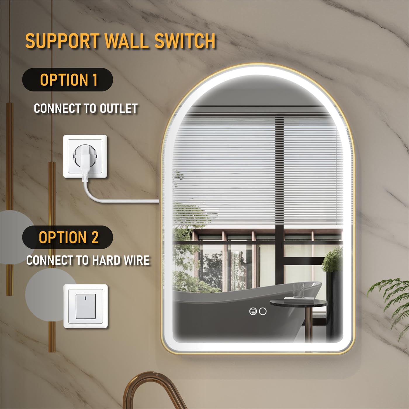 WELLFOR 24 x 36 Inch Arched Lighted Vanity Mirror, Wall-Mounted Framed Led Mirror, Lighted Mirror with Wider LED Light Frost Area Includes Dimmer Defogger (Brushed Gold)