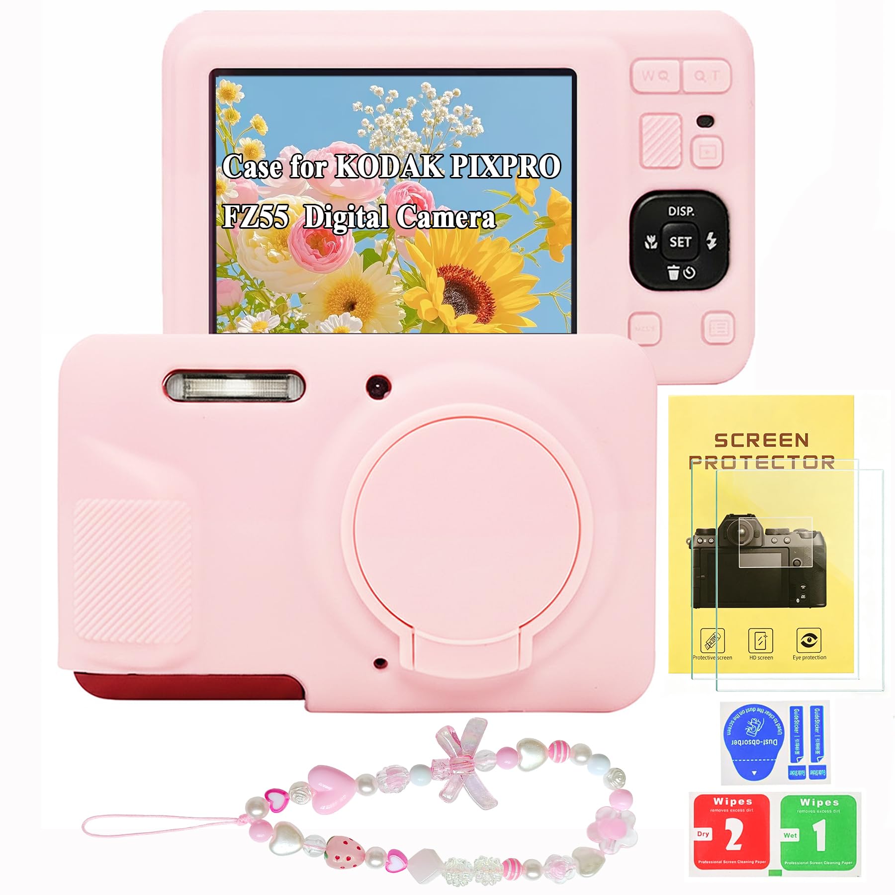 Funda para Kodak Pixpro FZ55, funda de silicona suave para cámara digital con bonita correa de muñeca y protector de pantalla, funda protectora de cámara con cubierta de lente para accesorios Kodak