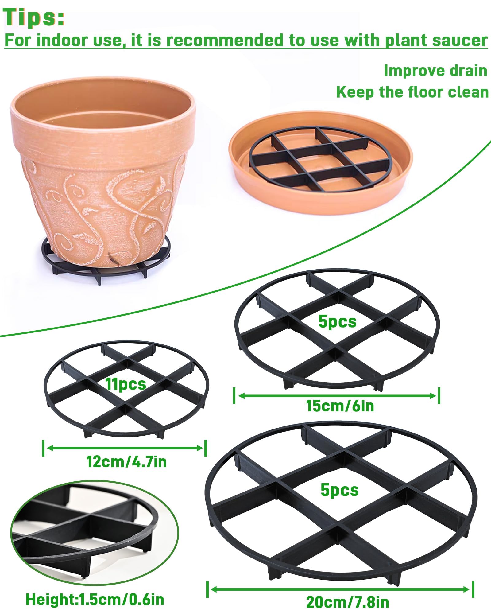Paquete de 21 soportes de plástico para platillos de 5, 7, 8 pulgadas, elevadores de drenaje para macetas, elevadores de macetas para uso en interiores y exteriores, mejora el drenaje, la ventilación