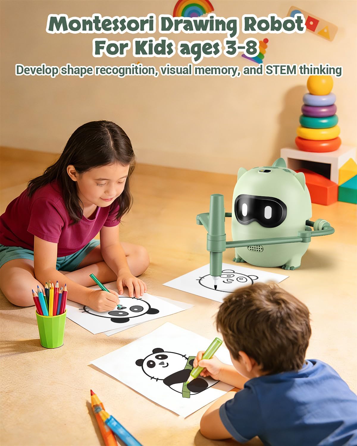 Drawing Robot for Kids, Montessori Drawing Robot with 100 Cards & 22 Pens, Music & Voice Guidance, Educational Interactive Learning Toys for Boys & Girls Ages 3-8, Birthday Party