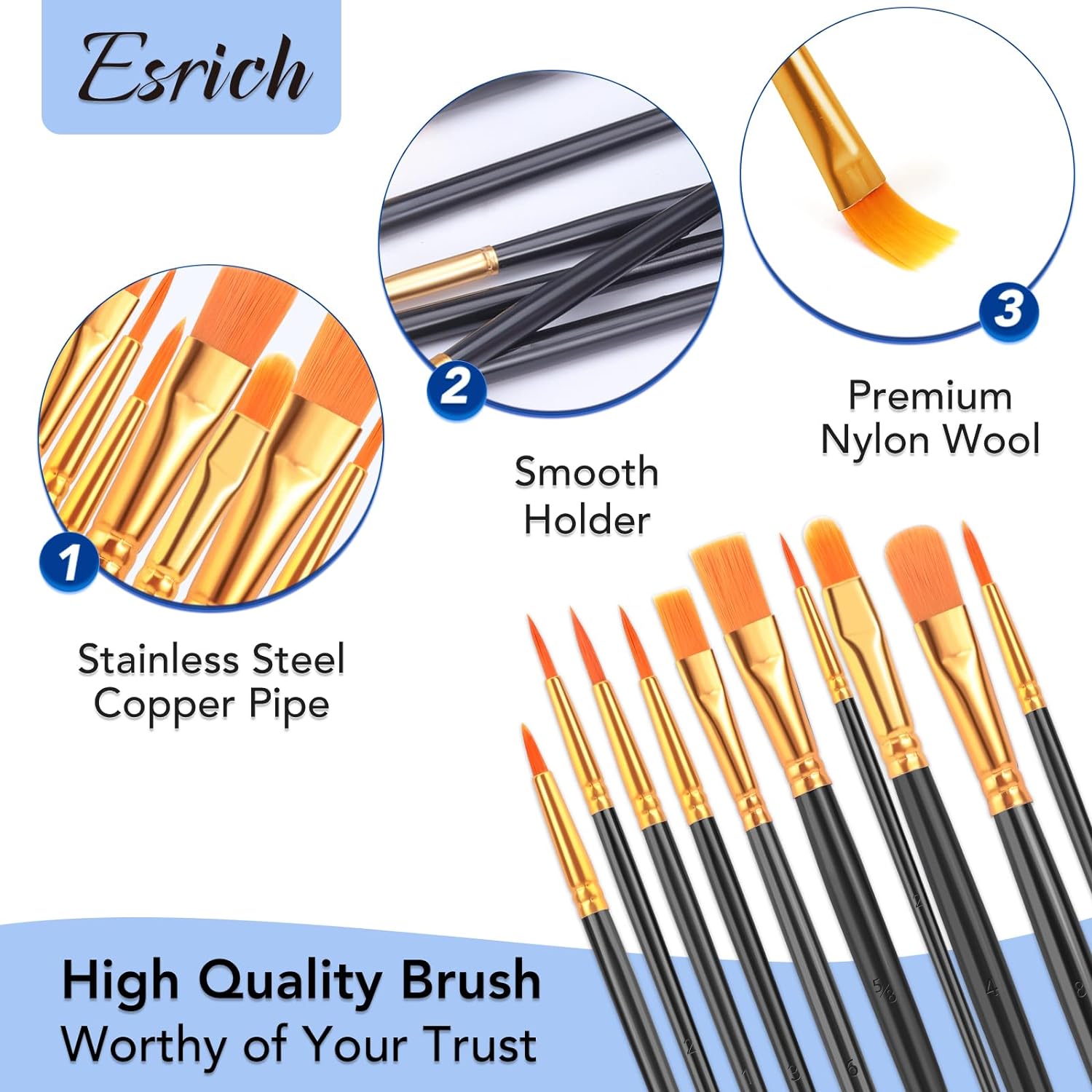 ESRICH Acrylic Paint Brushes Set, 10 Packs/ 100 Pcs Watercolor Brushes,Nylon Brush Head, for Oil Painting, Gouache, Face,Ceramics etc, Kid's and Adults Painting Arts and Crafts Paint Sets. - Image 3
