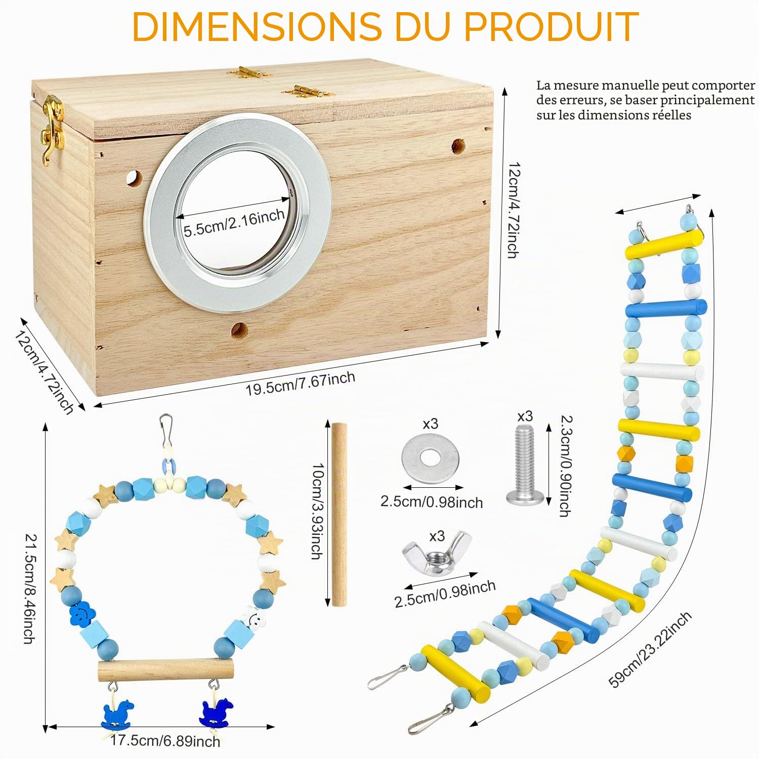 1 PCS Nichoirs en Bois Naturel, Transparent Nid Perruche Ondulée avec 2 PCS Jouet Perruche(Balançoire/Échelle) pour Pinsons, Perruches(19.5x12x12 cm)