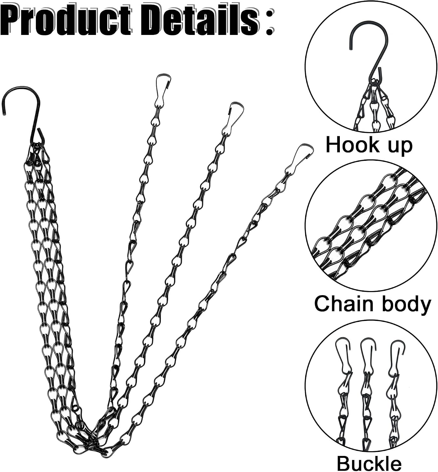 8 Pcs Hanging Chain 19.6 Inches Black Hanging Plant Chain and Hooks 3-Point Basket Replacement Chain for Planters, Bird Feeders, Lantern, Lamp
