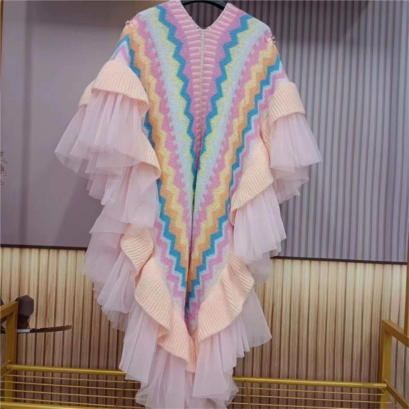 Chal de punto bordado de flores 3D con diseño de arcoíris, de malla, con volantes, suéter de gasa irregular, bufanda fruncida
