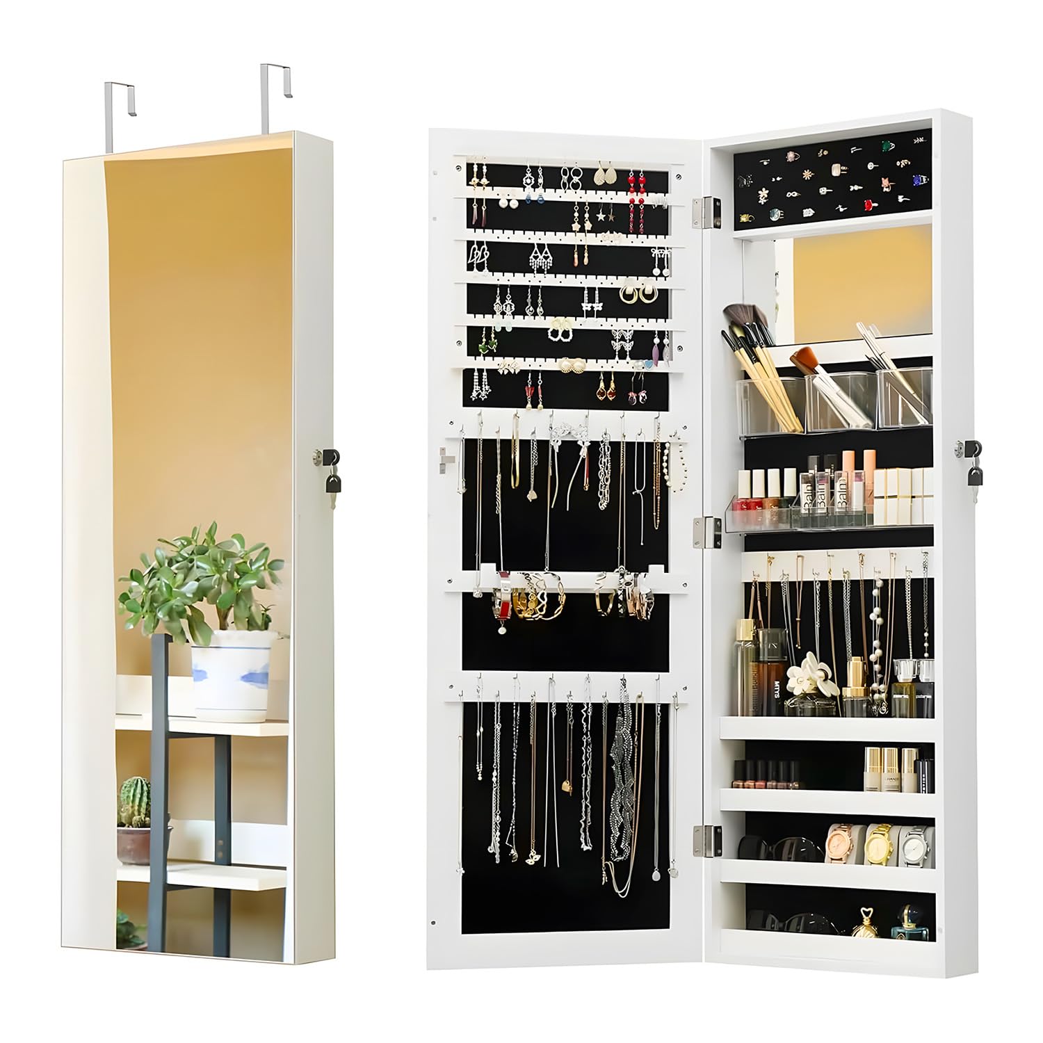 Avilia Armario joyero con espejo 110 x 37 x 10 cm de MDF ultra robusto – Organizador de joyas y accesorios que ahorra espacio con cierre seguro con llave, montaje en pared o puerta