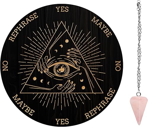 AHANDMAKER Juego de tablero de péndulo, tablero de adivinación de madera para radiestesia, tablero de mensajes metafísicos con collar de péndulo de