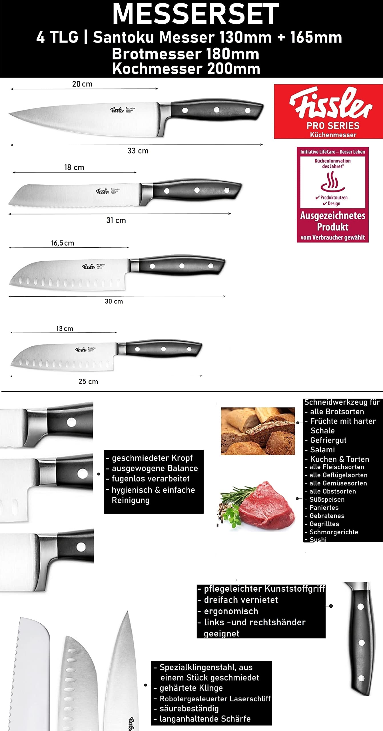 Fissler PROFI Messerset 4 tlg, Spezialklingen-Edelstahl geschmiedet - scharf, Rostfrei, Küchenmesser Set aus 1 Kochmesser / 2 Santokumesser / 1 Brotmesser, Messer Küche