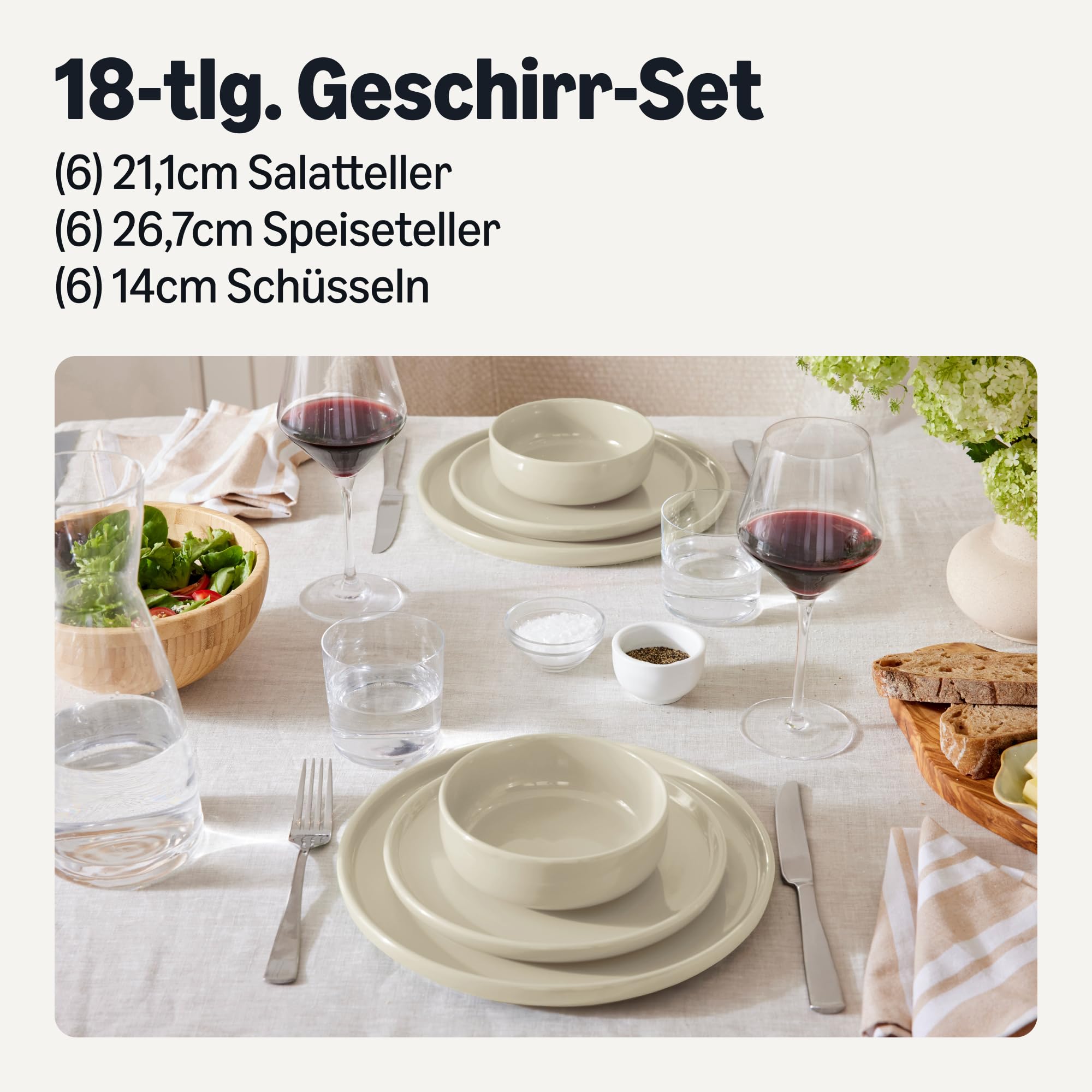 Amazon Basics Glasiertes Steingutgeschirr 18-Teiliges Set Spülmaschinenfest Elfenbeinfarben