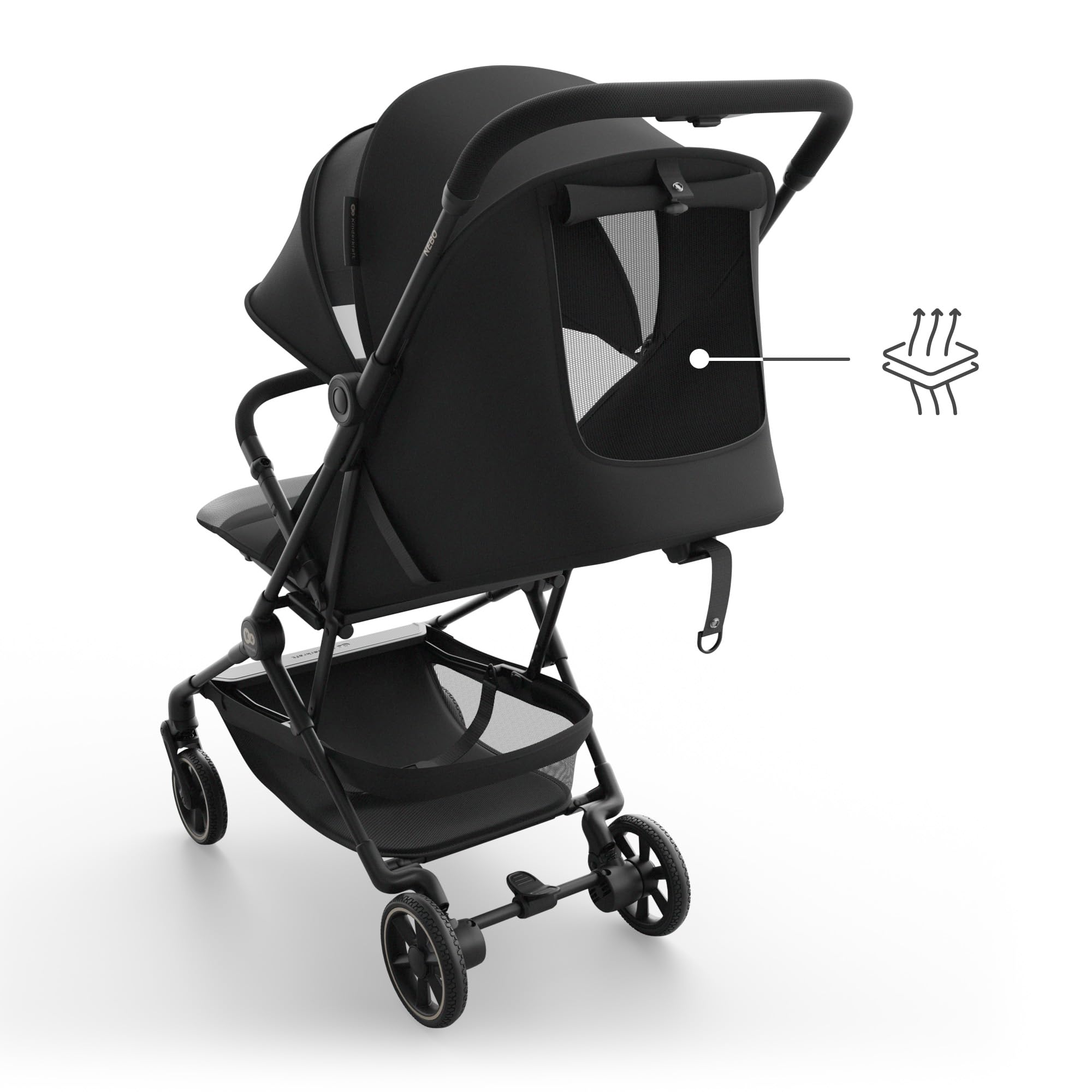 Kinderkraft NEBO Kabinenbuggy ultraleicht, Einhand-Faltmechanismus, Handgepäckmaß 51×43×21 cm, steht selbstständig, Schultergurt+Transporttasche, flache Liegeposition, 5-Punkt-Gurt, Schwarz