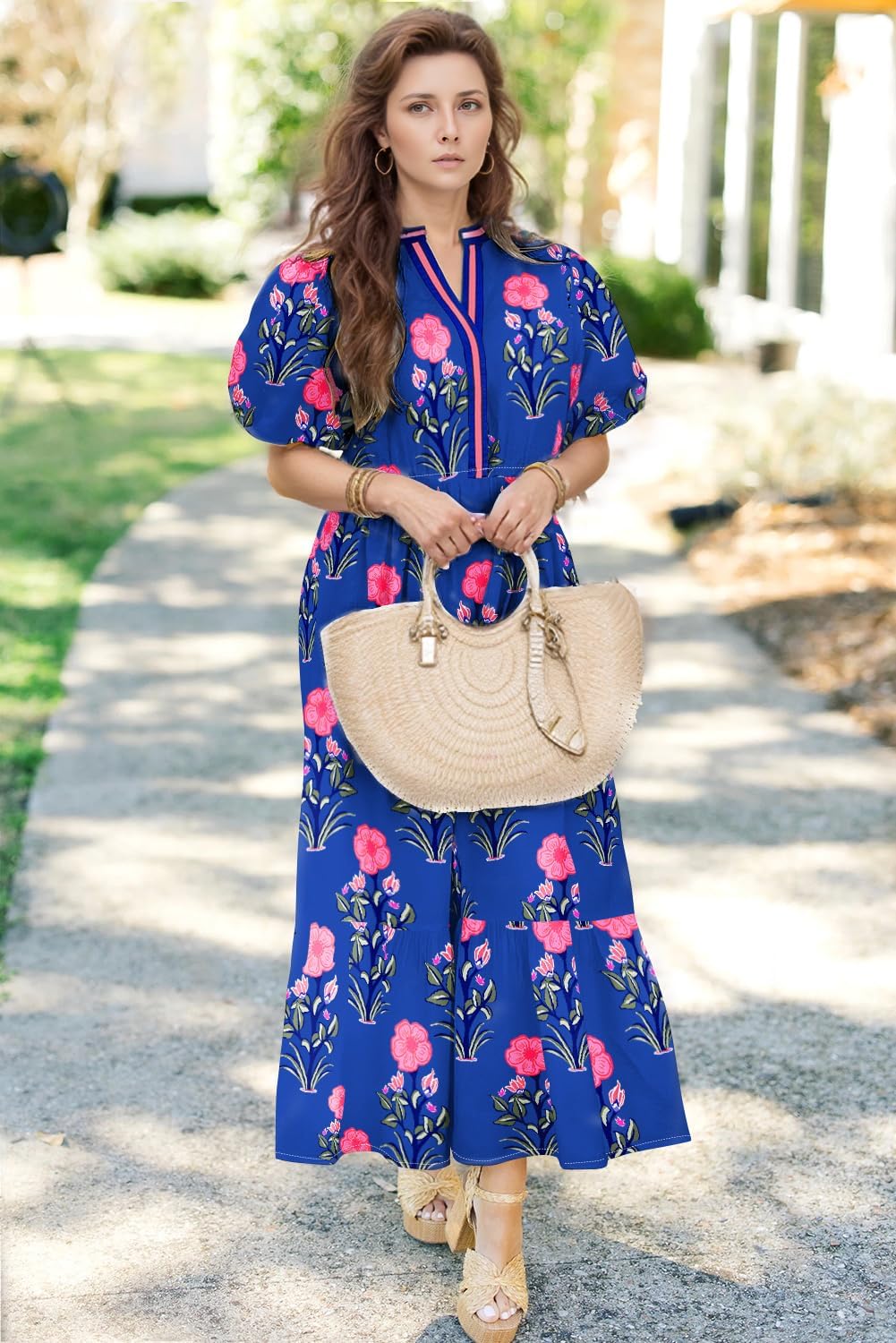 Wolddress Womens Summer Dresses 2026 Casual Puff Short Sleeve V Neck High Waist Flowy Long Maxi Dress - Image 3