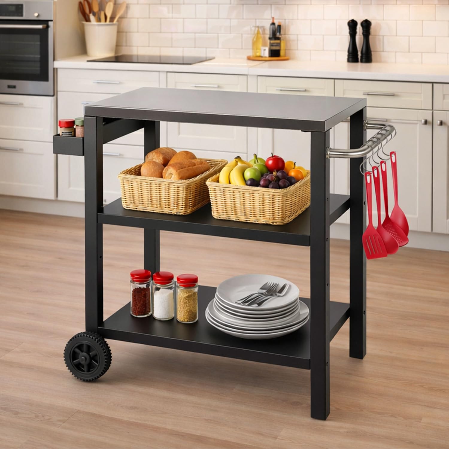 Carrello da barbecue per esterni, tavolo da barbecue, 2 ripiani regolabili in altezza, portaspezie e ganci, 84 x 67 x 41 cm, carrello da cucina con ruote per grigliare pizza e cucina in