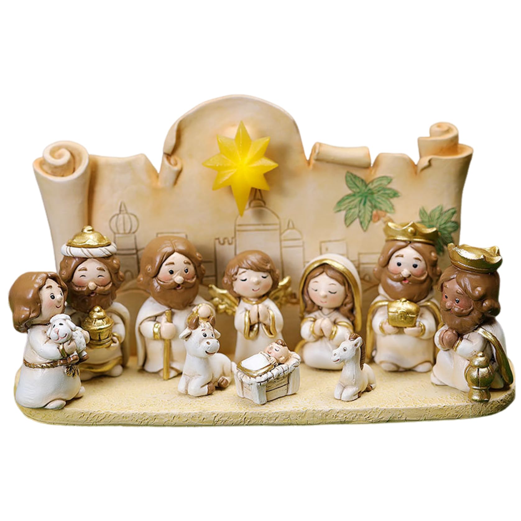 Nativité de Noël avec des figures LED pour décorer votre table de fête en famille