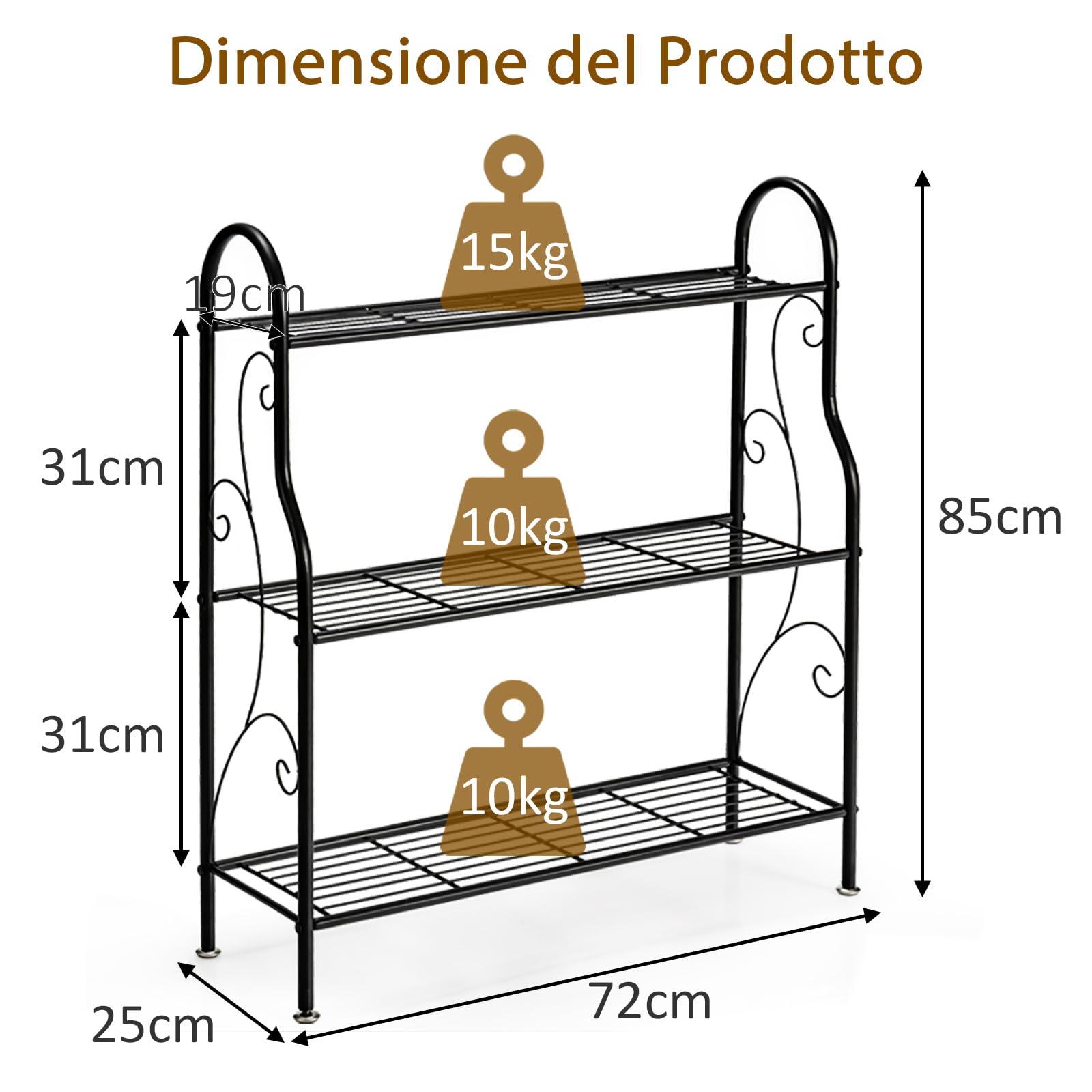 GYMAX Porta Piante in metallo a 3 livelli, ripiani aperti e piedini regolabili, scaffale in ferro impermeabile per uso interno ed esterno, nero