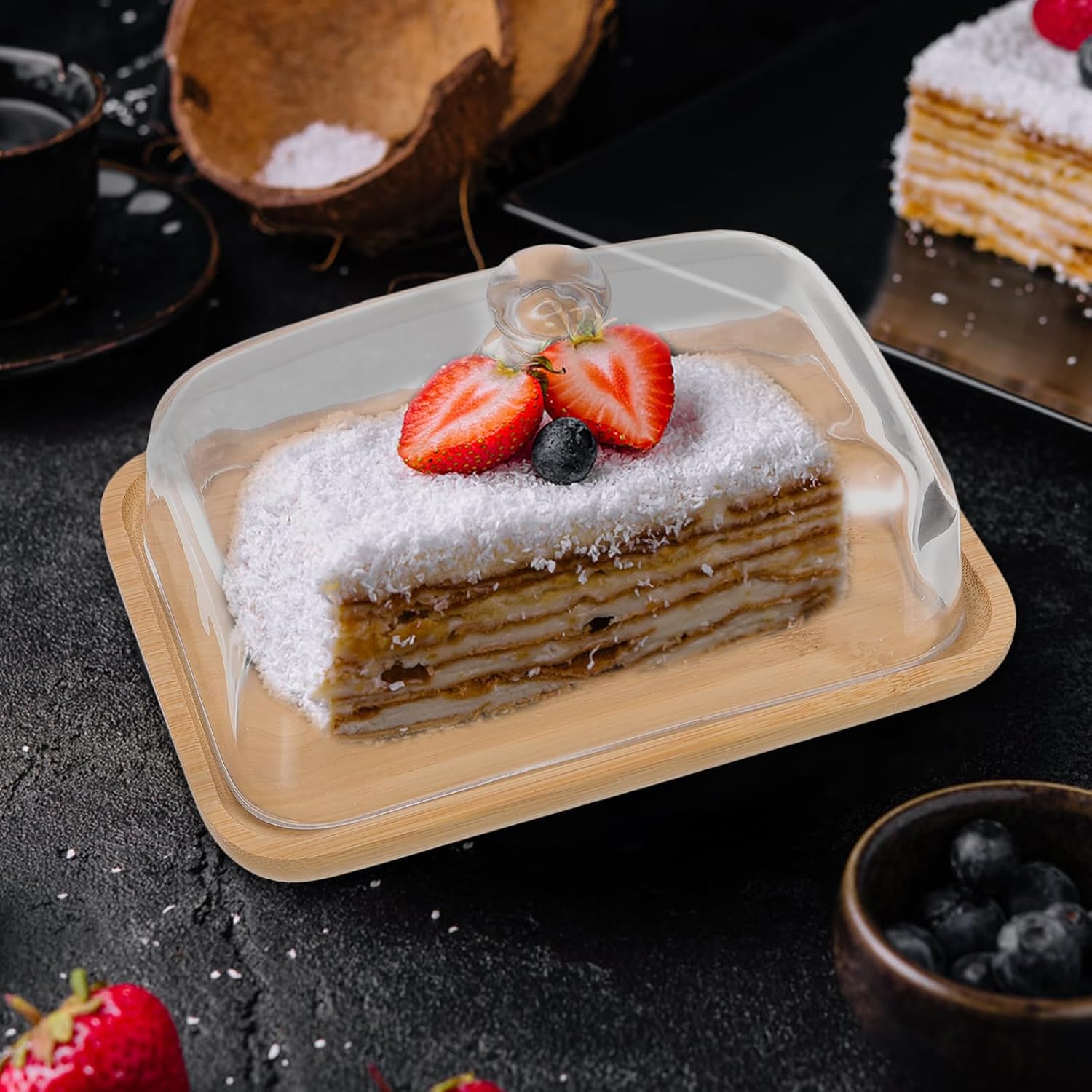 Hemoton Glass Dining Tray 7.08X4.72 Inch Transparent Household Dessert Plate with Handle for Cake Serving Food Protection Multi-Function