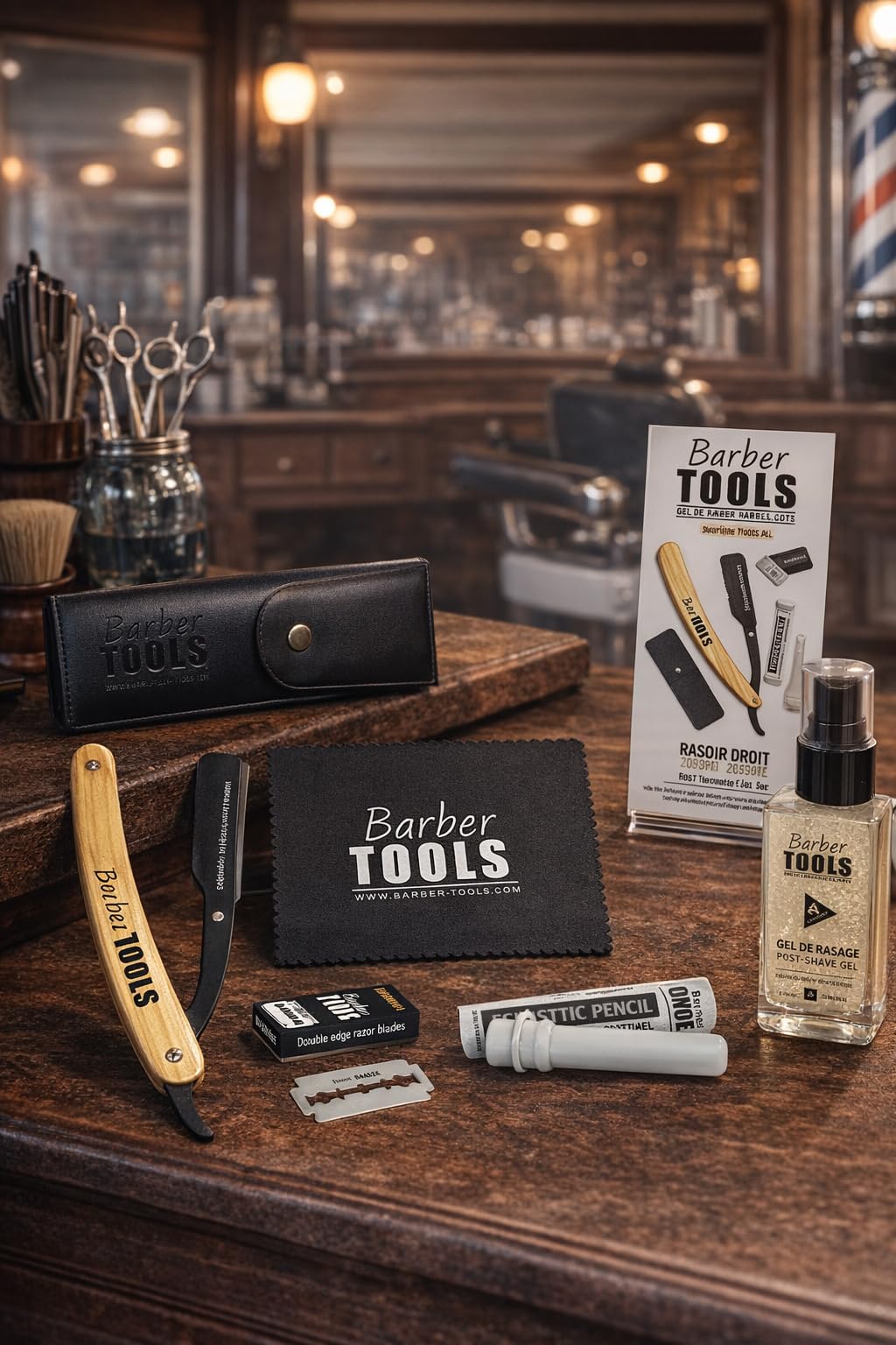 Kit de Rasage Homme Complet – Rasoir de Barbier Coupe-Choux à Lame Interchangeable avec Lames, Gel de Rasage Transparent, Stick d’Alun, Chiffon & Étui de Rangement BARBER TOOLS