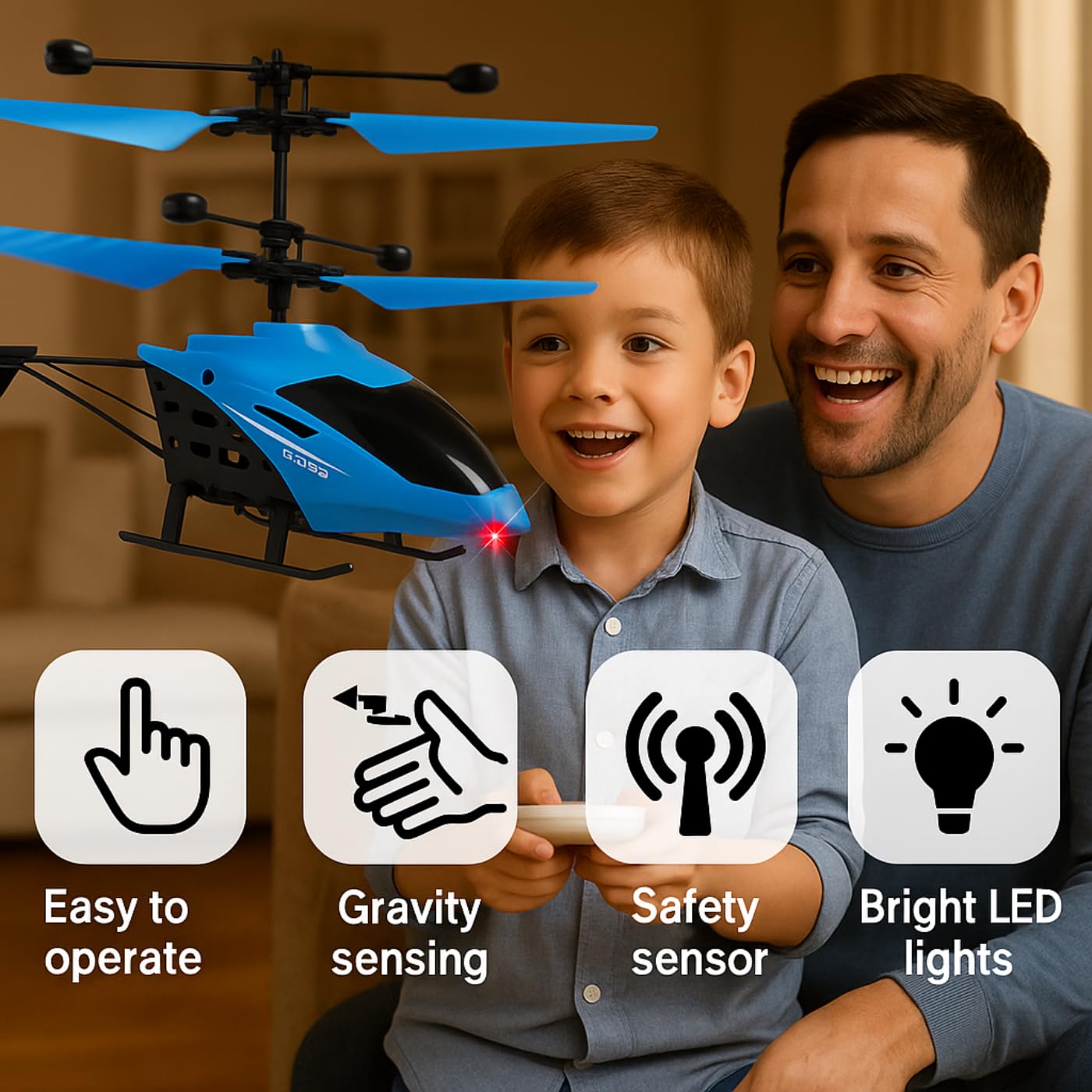 KIDZYMON® RC Helicopter with Hand Gravity Sensor, Flying Remote Control Helicopter Toy, Chargeble, 3D Light & Safety Sensor for Kids Age 4+ Years I Pack of 1 (Blue) 1
