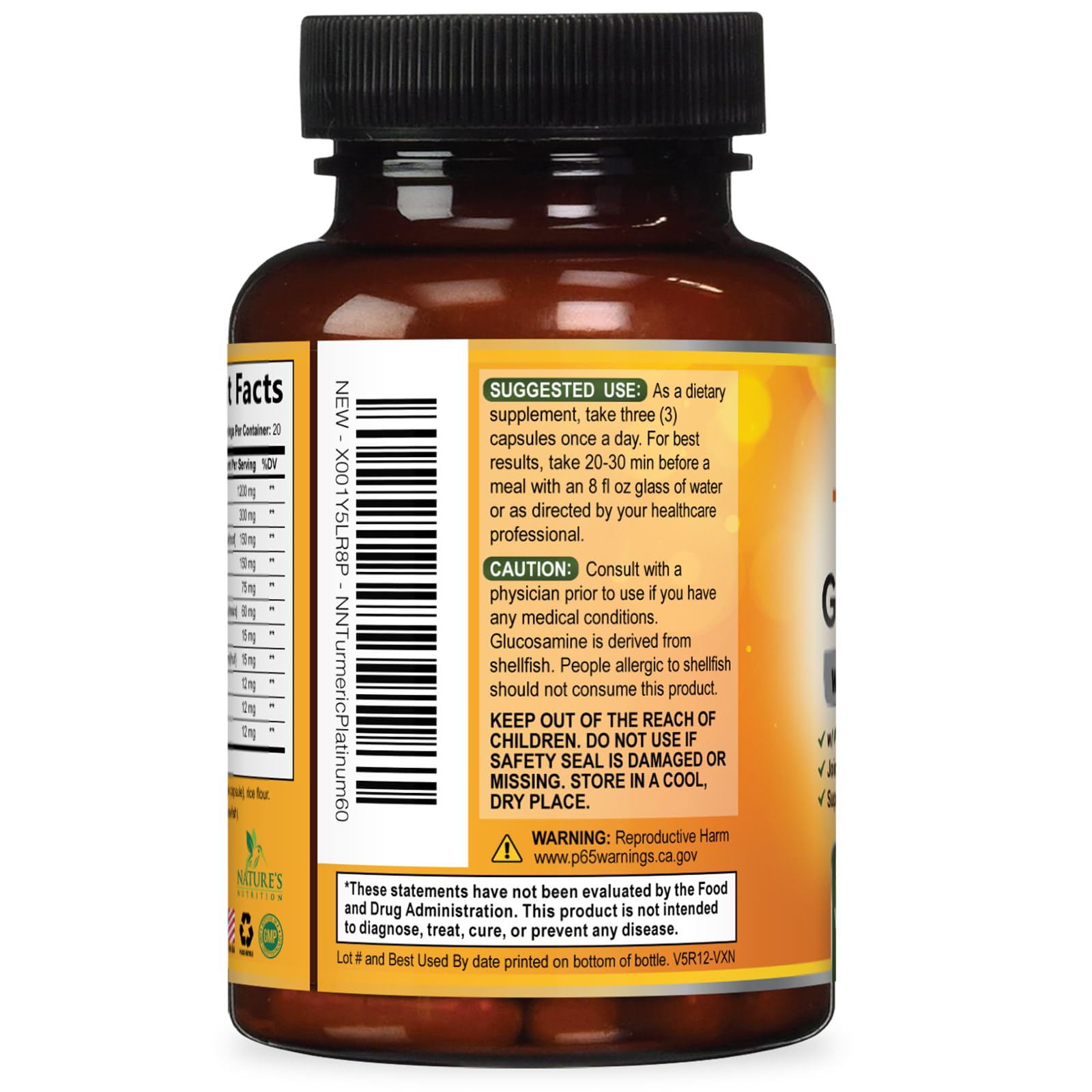 Turmeric Curcumin Supplement - 95% Curcuminoids with Glucosamine, Ginger & MSM, BioPerine Black Pepper Extract for Best Absorption, Natural Vegan Joint Support, Non-GMO, Bottled in USA - 60 Capsules — Amazon image 8