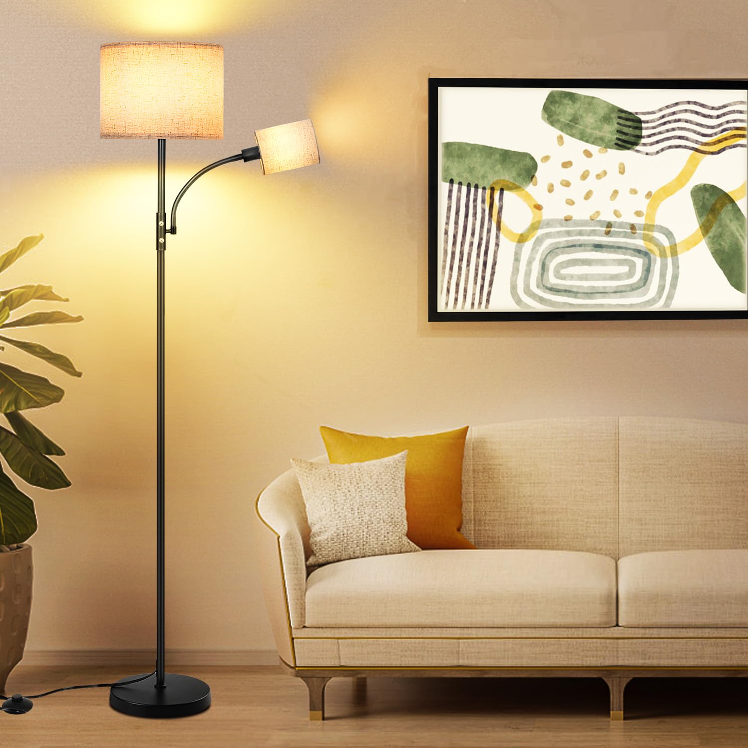 OTREN Lámpara de Pie Salón, 9W Lámpara de Pie con 4W Lámpara de Lectura, Pantalla de Lino Beige Lámpara para Sala de Estar Dormitorio Oficina, 3000K, 172CM