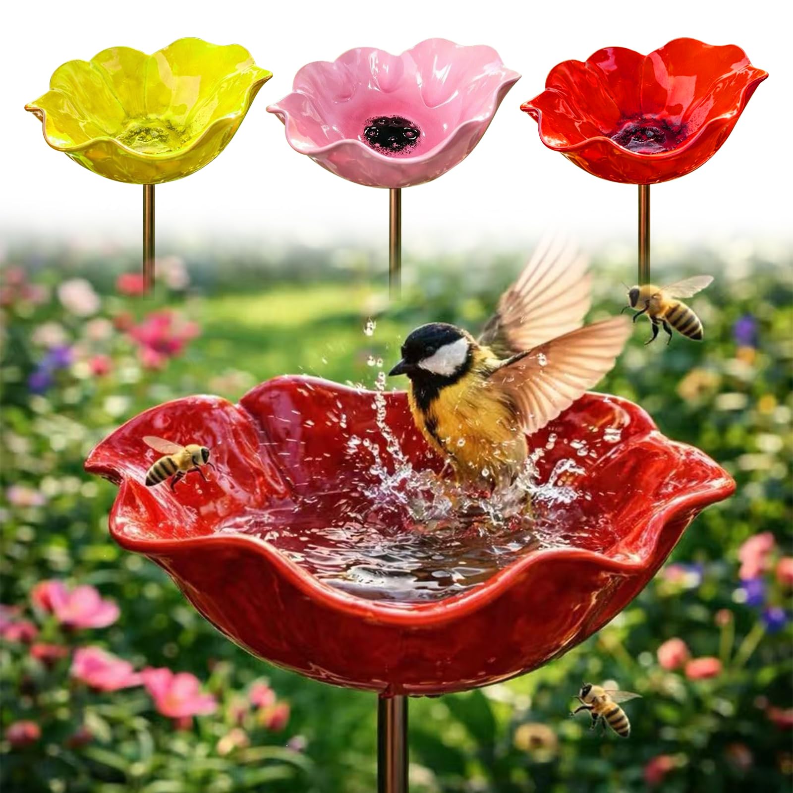 3PCS Handmade Metal Flower Garden Stake Bird Bath, Metal Bird Bath & Bird Water Feeder, Flower Bird Feeder Stakes for Outdoor Patio Lawn, Bee Bath Bee Watering Station for Wild Bird