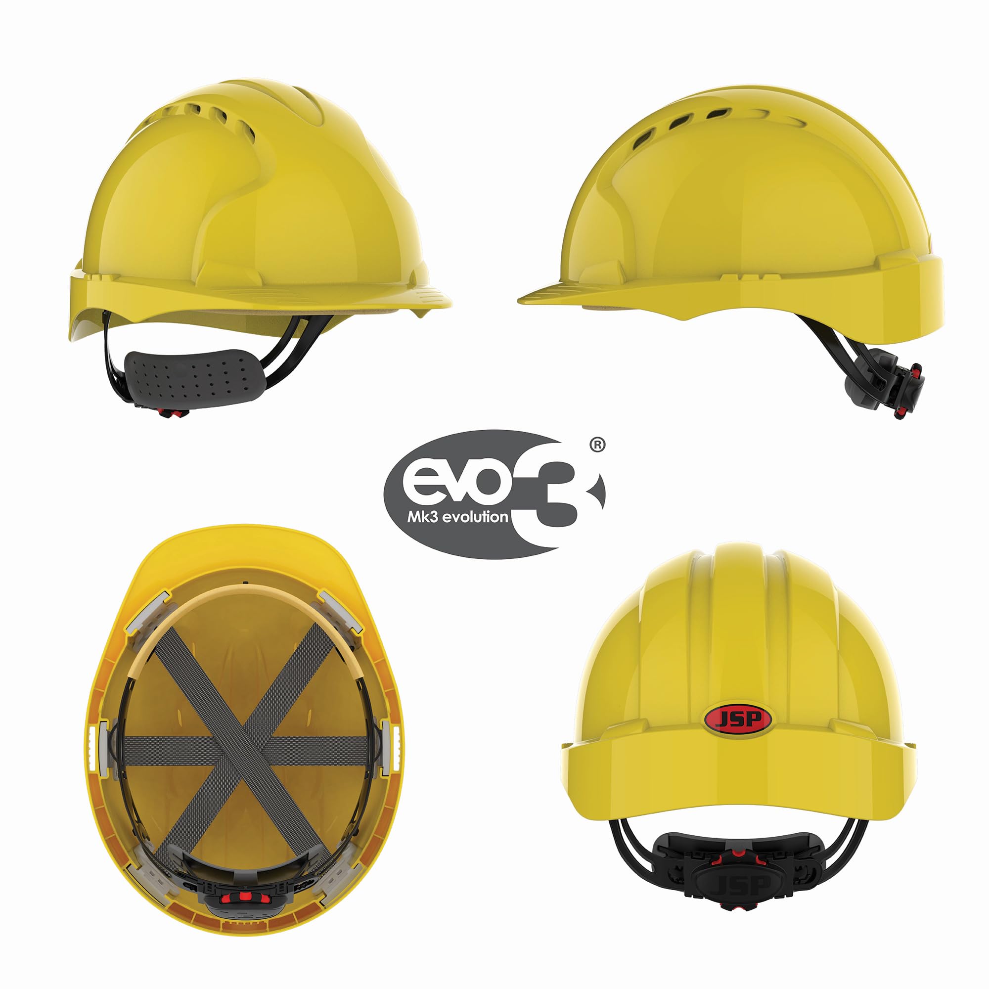 JSP EVO3 Comfort Plus Elmetto, Ventilato, Rotella di Regolazione, Giallo | Bardatura in tessuto a 6 punti con rotella per adattamento preciso. Edilizia e industria. EN 397.