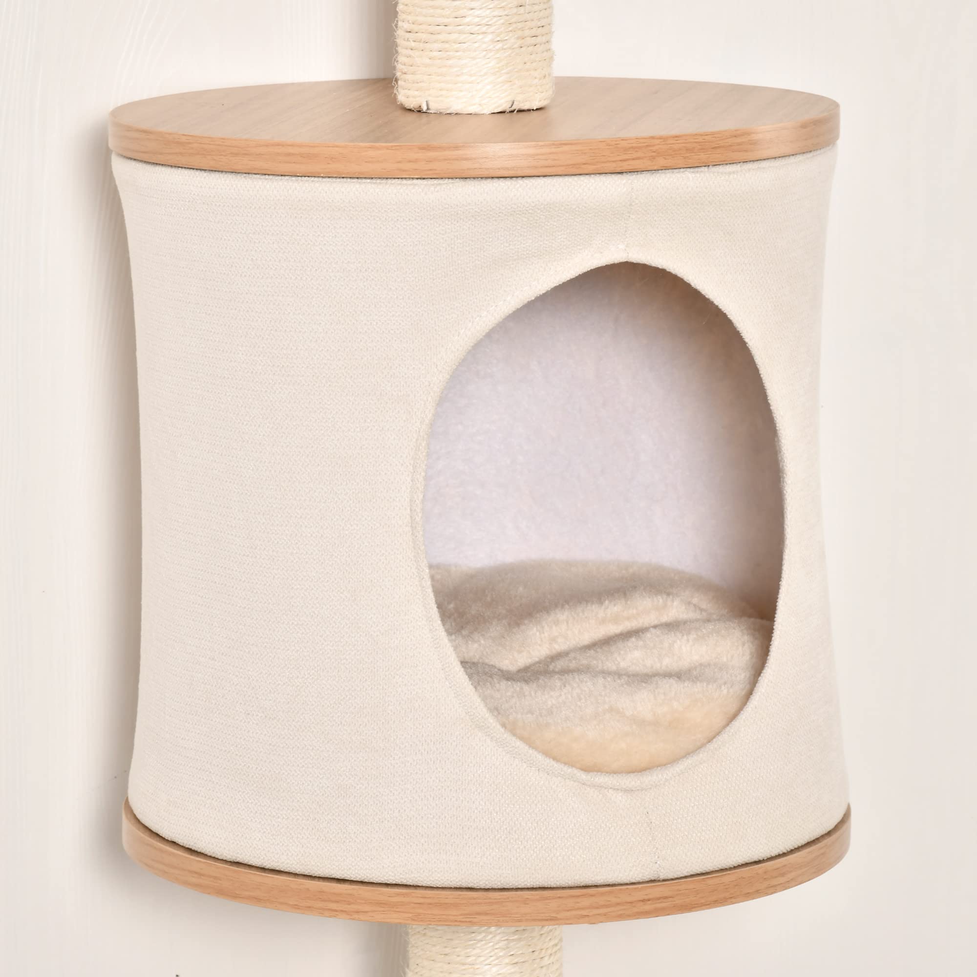 PawHut Árbol para Gatos de Pared 38x30x149 cm Torre Cama Cueva Beige Roble | Múltiples Plataformas de Madera, Cama Superior, Cojín Extraíble, Postes Rascadores de Sisal, Torre para Escalar