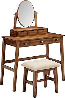 Linon MidCentury Walnut Upholstered Seat Beverly Vanity Set