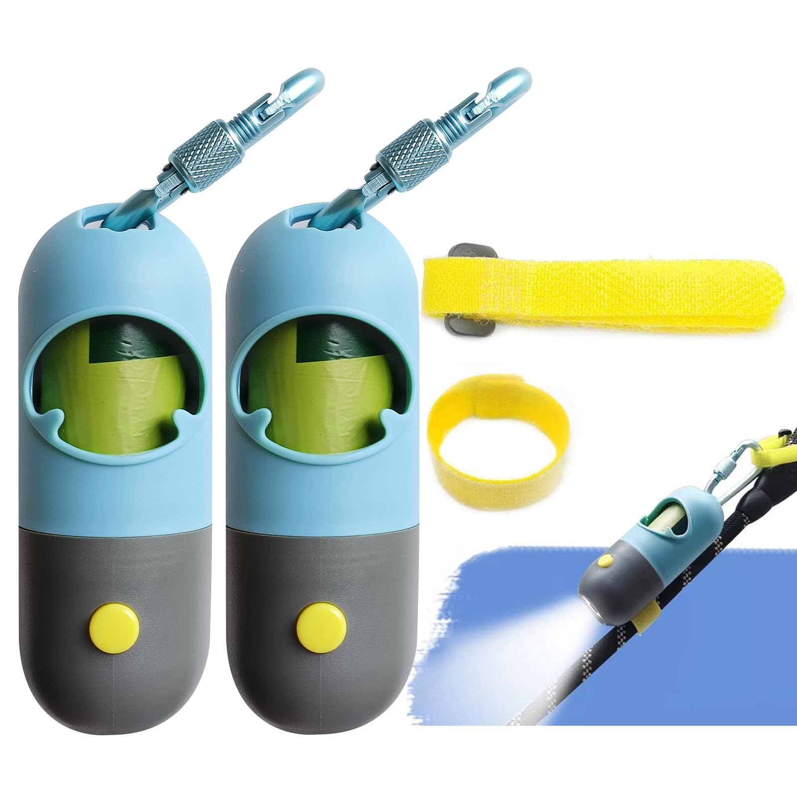 SHAOUMANSHAOUMAN Dog Poop Bag Holder Dispenser with LED Flashlight for Leashes Dog Waste Bags Carrier with Flash Light Nighttime Dog Walking Flashlight(2 Holder 30 Bags, Sky-Blue)