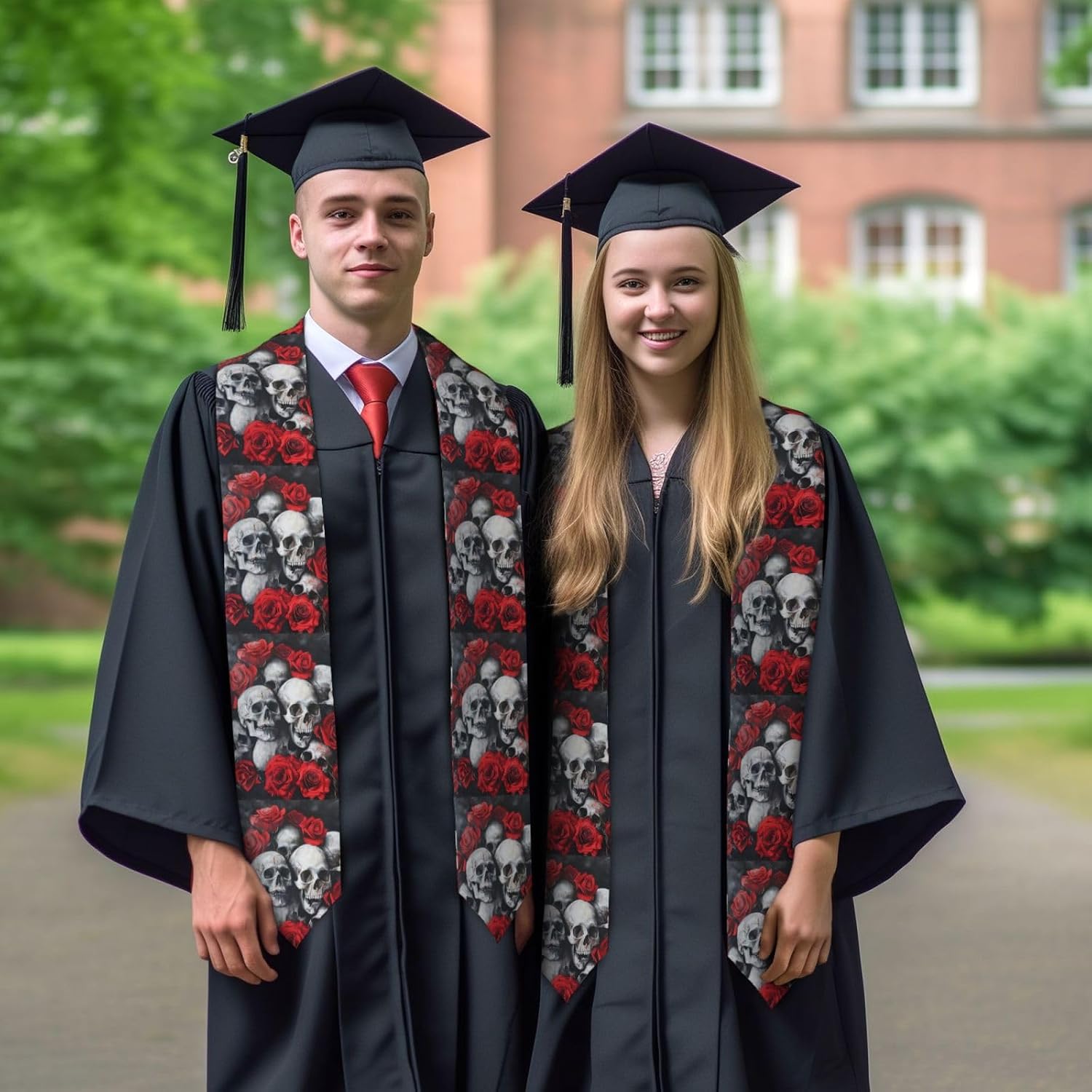 Skull And Red Rose Print Honor Stole Scarf, Graduation Sash Design For Unisex Academic Commencements Shawl