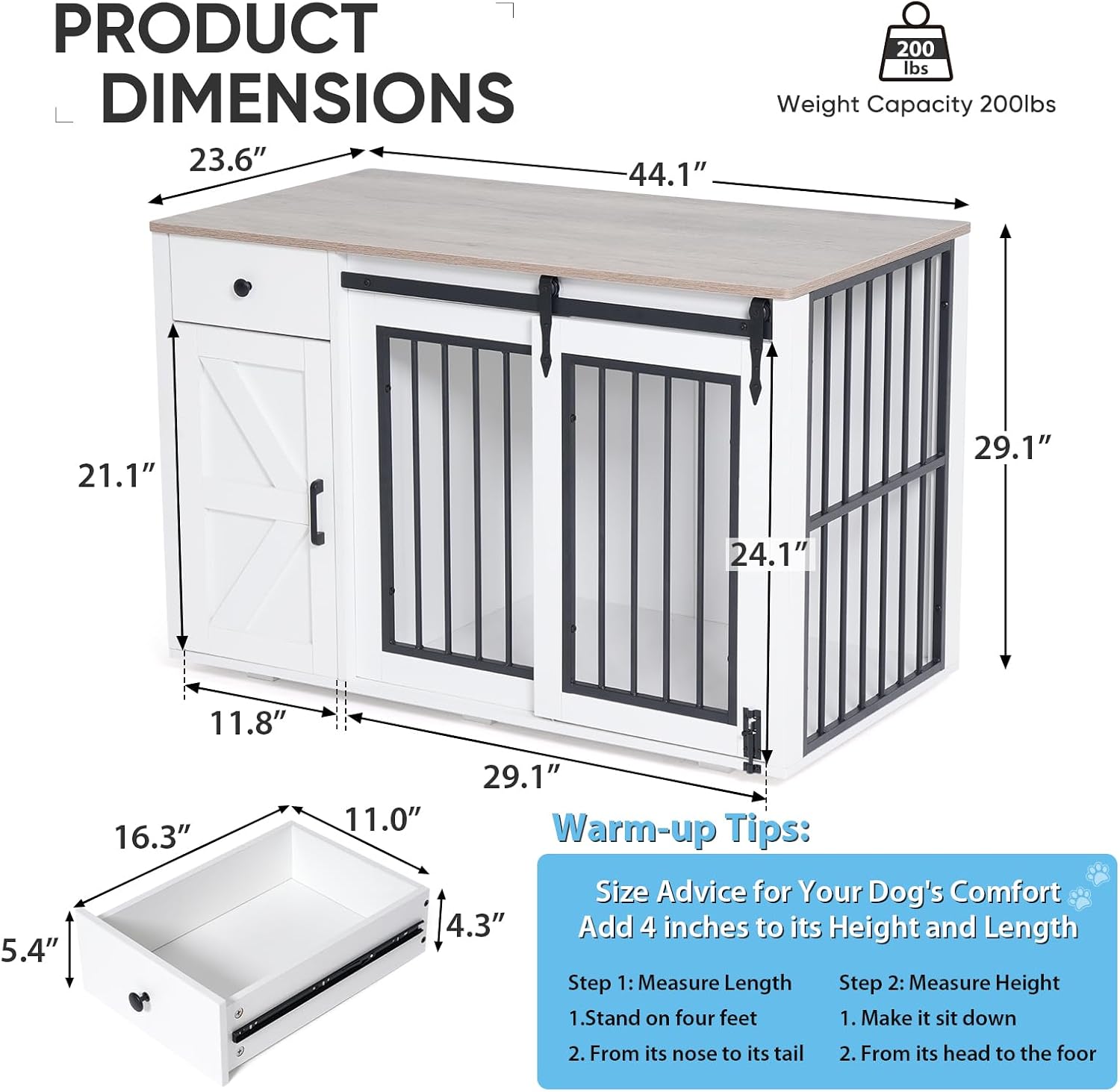 Verano Garden 44" Dog Crate Furniture, Heavy Duty Dog Kennel Indoor, 2-in-1 Furniture-Style Dog Crate with Storage Drawer & Cabinet for Small Medium Dogs, White (44" Left Facing Door)