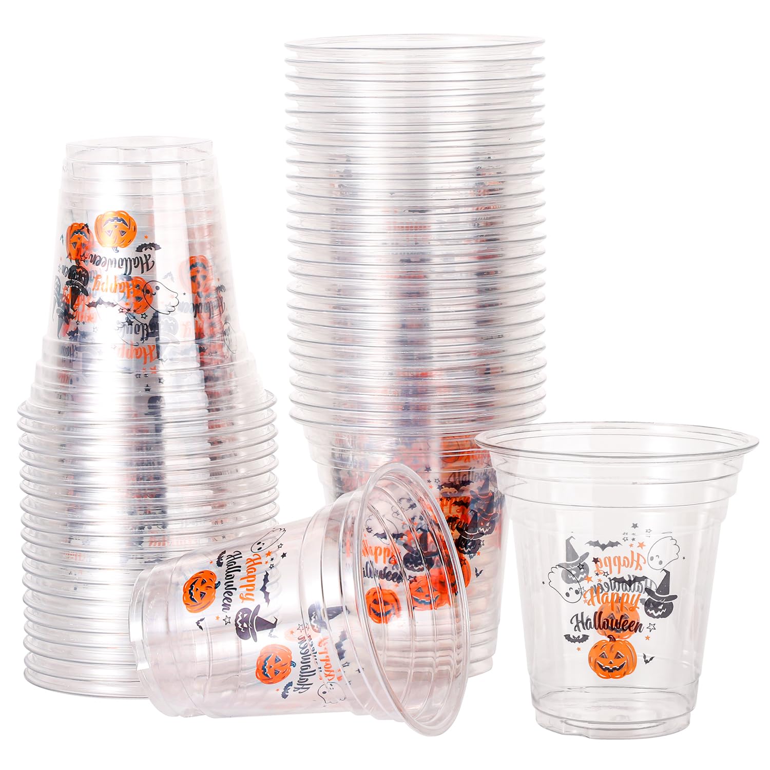 50pcs Halloween Pumpkin Plastic Party Cups, 14 OZ Happy Halloween Disposable Cups Clear Drink Cups for Kids Beer Beverage Ice Cream Candies Snacks Trick or Treat Supplies
