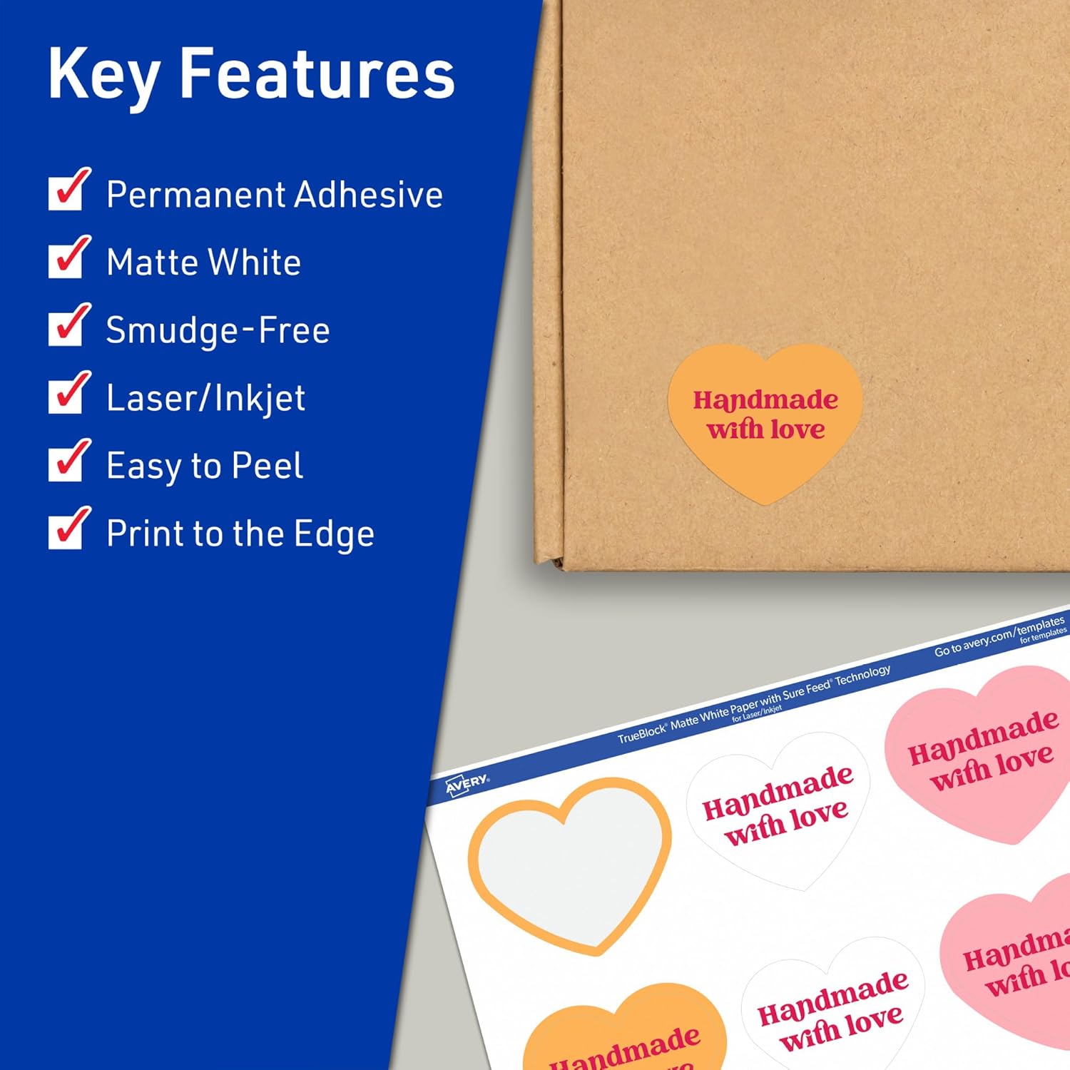 Avery TrueBlock Matte White Heart Labels, Sure Feed Technology, 2-9/32" x 1-27/32", 600 Matte White Labels, Print-to-The-Edge, Laser/Inkjet Printable, Great for Packaging and Product Merchandising