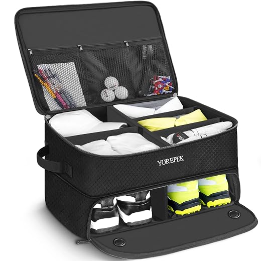 YOREPEK 2 Layer Golf Trunk Organizer, Golf Gifts for Men with Separate Ventilated Compartment for 2 Pair Shoes, Waterproof Car Trunk Locker for Balls, Tees, Clothes, Gloves, Gifts for Golfers