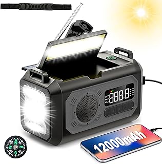 12000mAh Emergency Radio,Multi-Function AM/FM/NOAA Weather Radio,2 Solar Panels,Hand Crank,USB Cable 3 Charging Methods,SOS Alarm,Flashlight,Phone Charger,Compass,Reading Lamp (Grey)