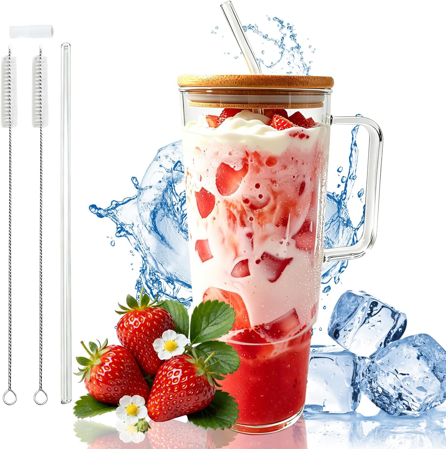 Glass Cup with Handle 49oz Tumbler with Straw and Lid, Iced Coffee Cup