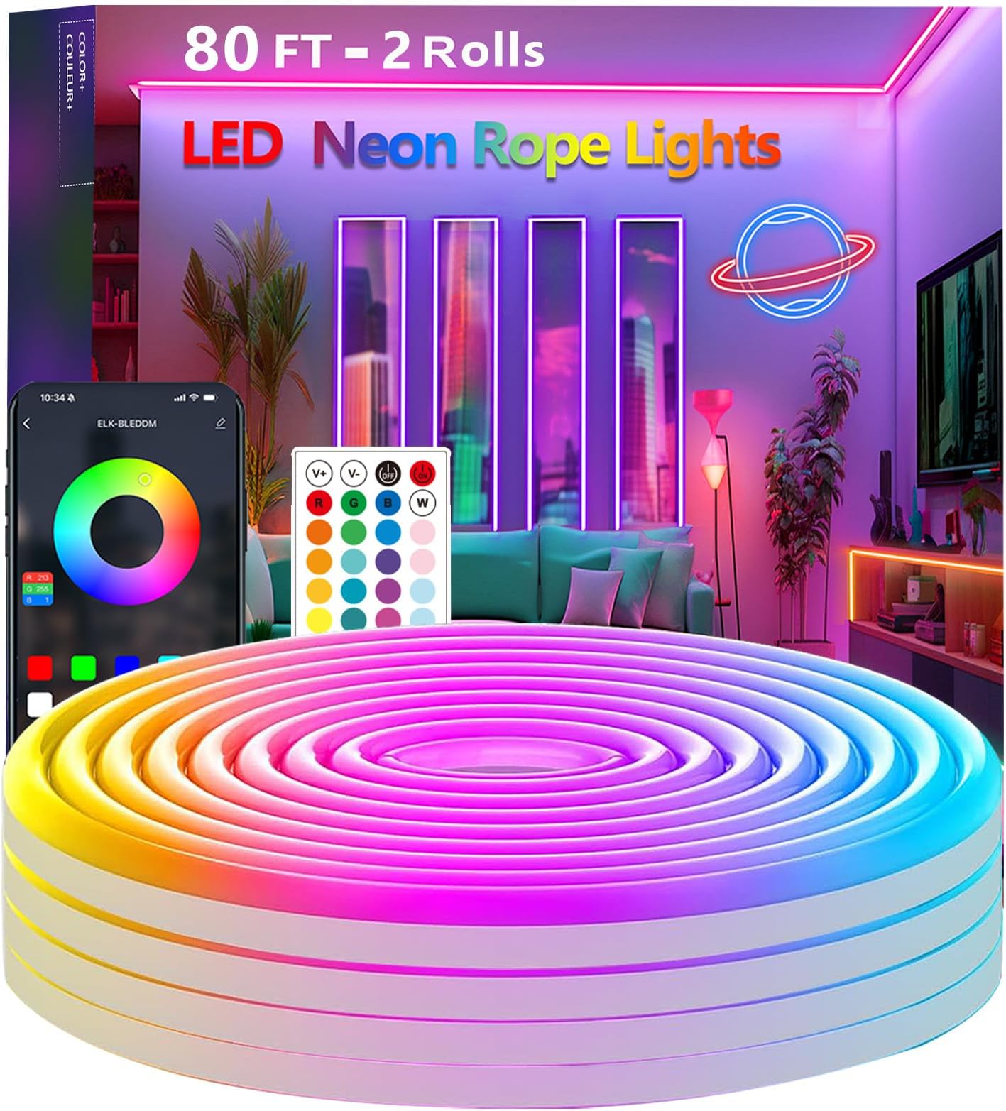 80FT Neon Rope Lights,Flexible Led Rope Light Control with App/Remote,Multiple Modes,Music Sync,IP65 Outdoor RGB Led Strip Lights Waterproof