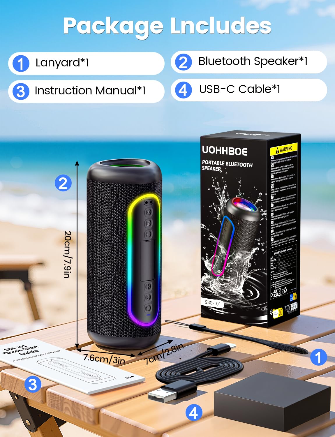 UOHHBOE Głośnik Bluetooth 30W, do 30H pracy, Bluetooth 5.4, TWS Stereo, Podświetlenie RGB, IPX5 odporny na zachlapania, USB/TF/AUX – do domu, podróży i na zewnątrz | Bluetooth 5.4, TWS stereo 360°, czas pracy 30H, 4 tryby RGB, IPX5, Type-C, głośnik bezprz
