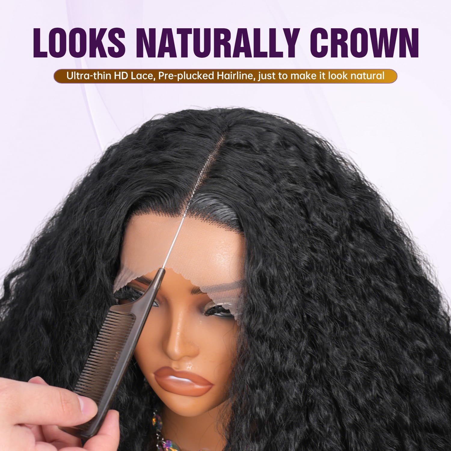 Burmese Curly Glueless Wigs HD Transparent Lace,Wear and Go Synthetic Wig,T Part Yaki Curly,200% Density,Fluffy Kinky Curly Wig,Pre-Plucked Frontal Wigs for Women, Natural Hairline (Black, 20 inch)