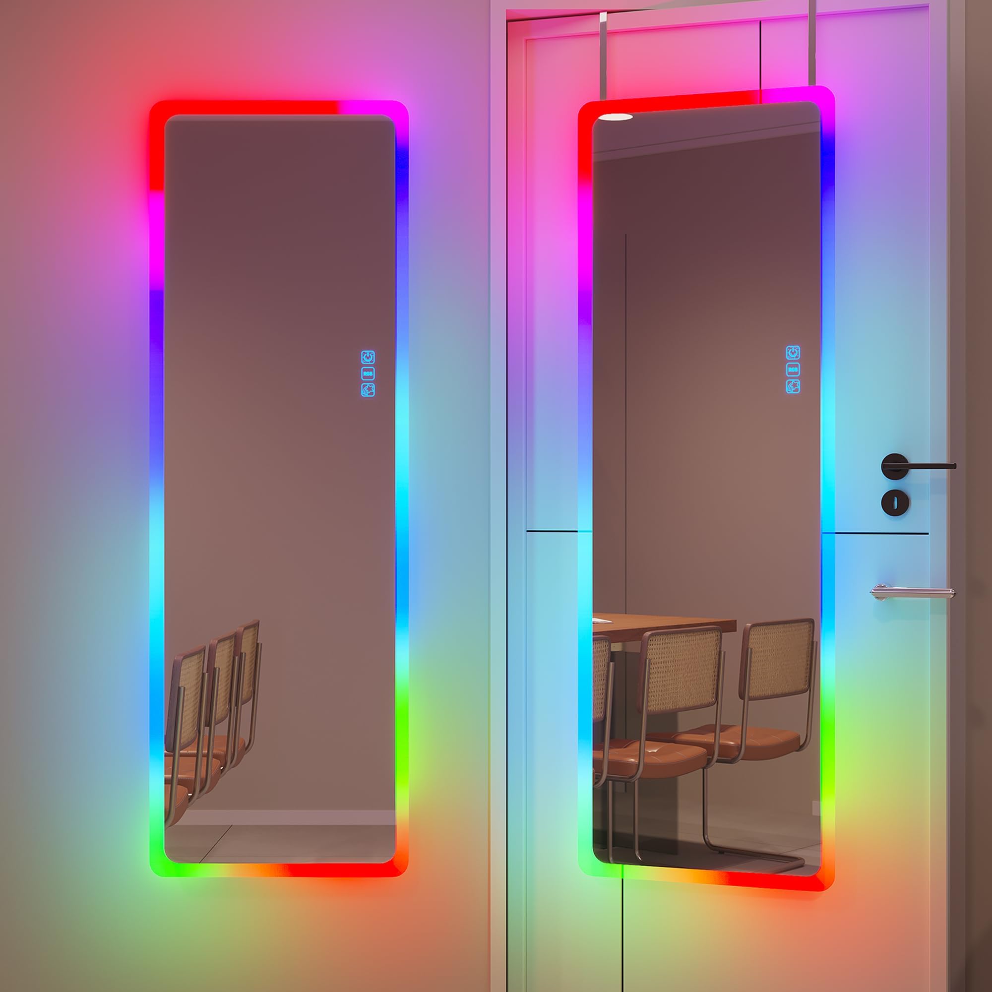 Vlsrka 47x16 Full Length Mirror with RGB Lights, LED Over The Door Lighted Mirror Full Body, 7 Color Dimming Lighting & 7 Dynamic Mode, Door Hanging/Wall-Mounted (Gift Box Design)