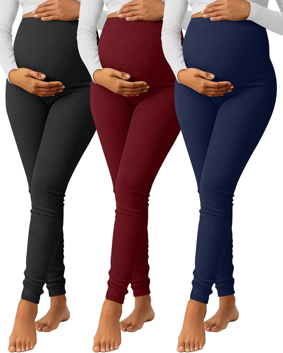 3 Pack Women's Maternity Pants Ribbed Cotton Over The Belly Tight Lounge Pregnant Pants for Casual Pajama Home(Black, Red, Navy Blue,X-Large)