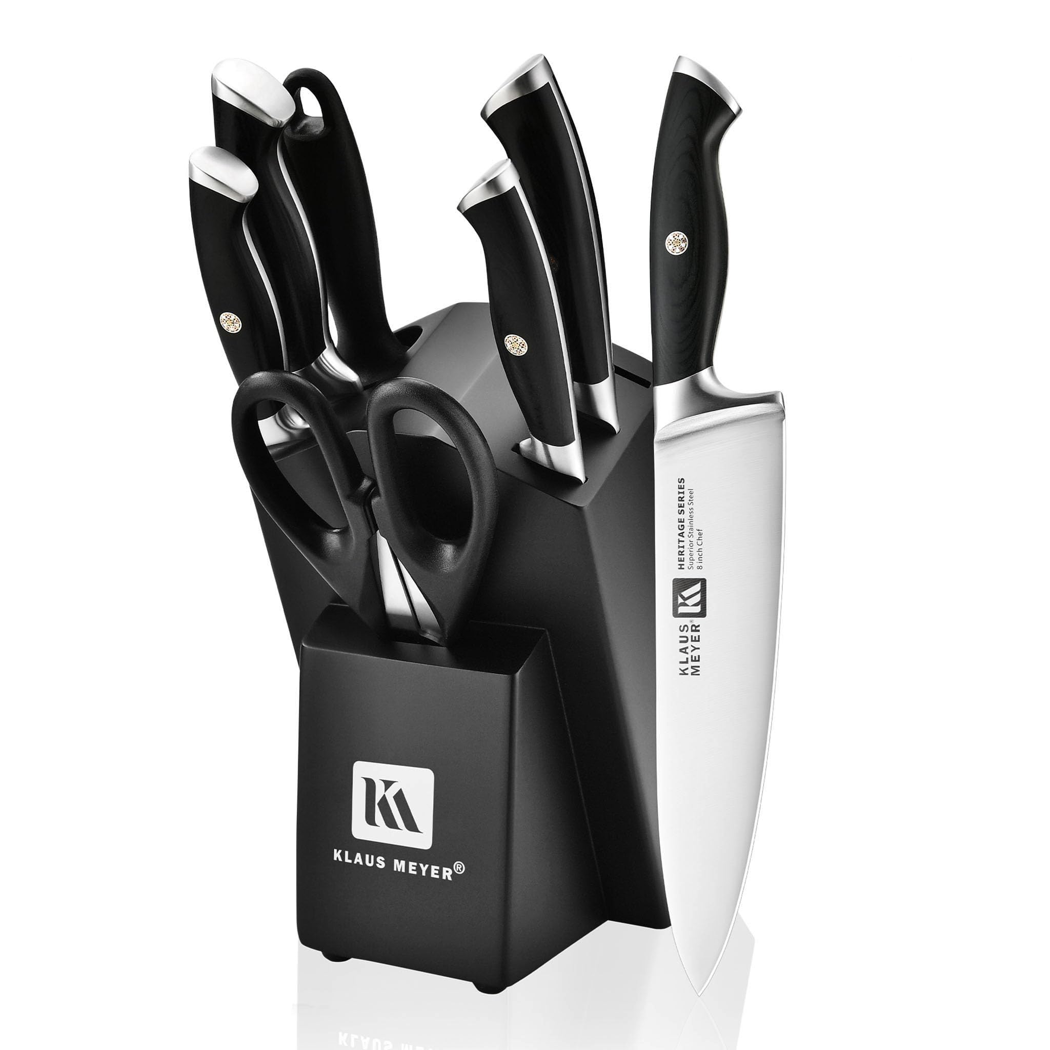 Klaus Meyer 8-Piece Kitchen Knife Set German High Carbon Steel Pakka Wood Handle Chef Knife Set With Block