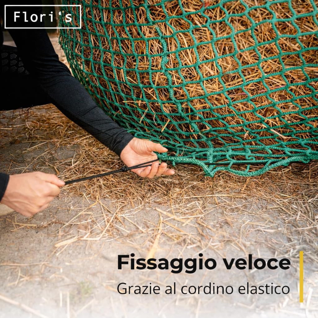 Flori's® Rete da Fieno per Balle Tonde – Ø 150 cm, Altezza 150 cm – Maglia 4,5 x 4,5 cm – Rete da Fieno Stabile per Cavalli per un'alimentazione Naturale - Rete per Balle Tonde per Fieno, Rete da