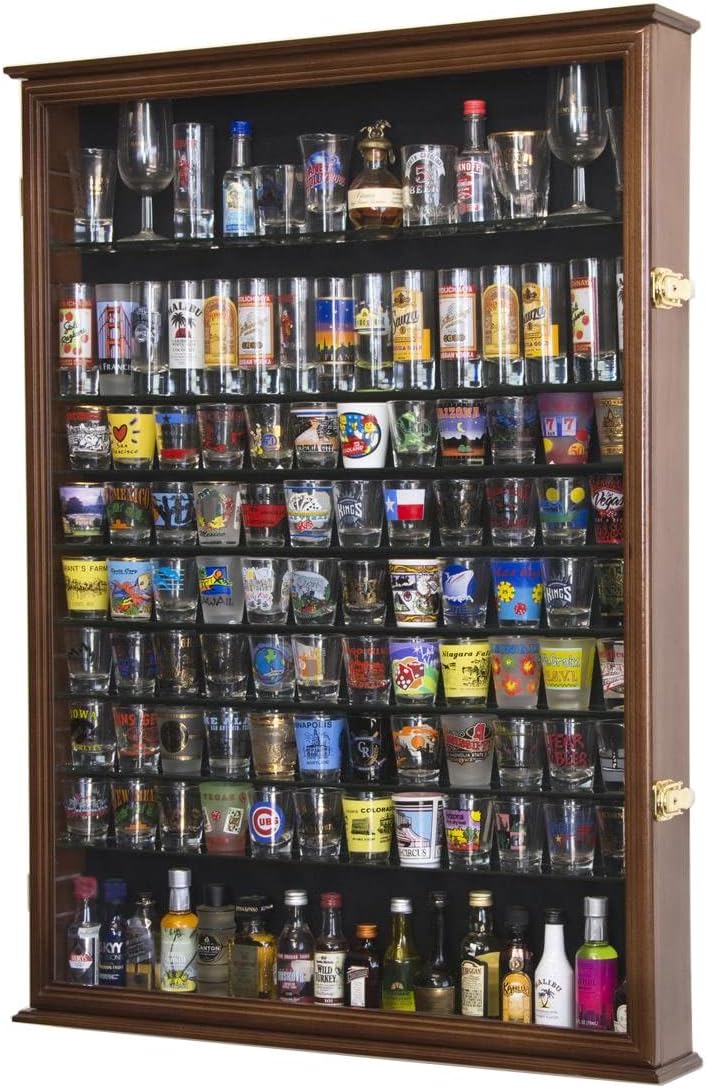 XL Shot Glass Display Case Rack Holder Cabinet for Tall Shooter and Mini Liquor Bottle
