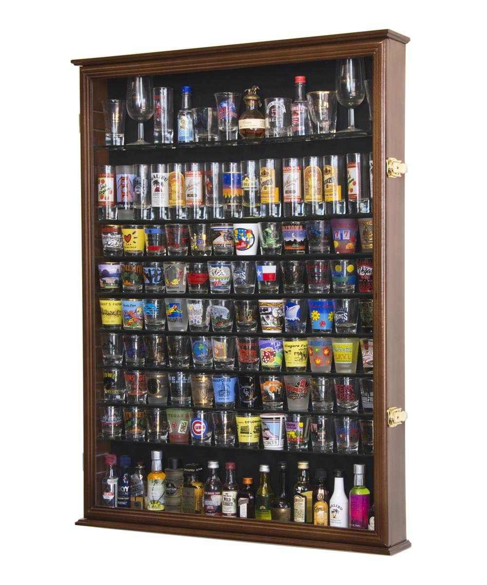XL Shot Glass Display Case Rack Holder Cabinet for Tall Shooter and Mini Liquor Bottle -Walnut - Review, Price and Buying Guide