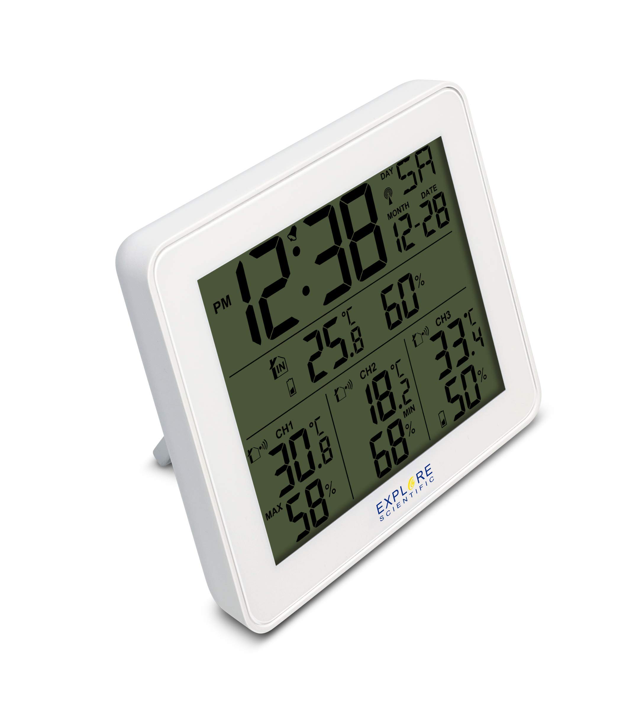 Explore Scientific WSH4003 Stazione Meteo Radio-Controllata con Allarme, Display retroilluminato blu con temperatura/umidità int/ext, Memorizza storico dati, 3 sensori inclusi, Bianco