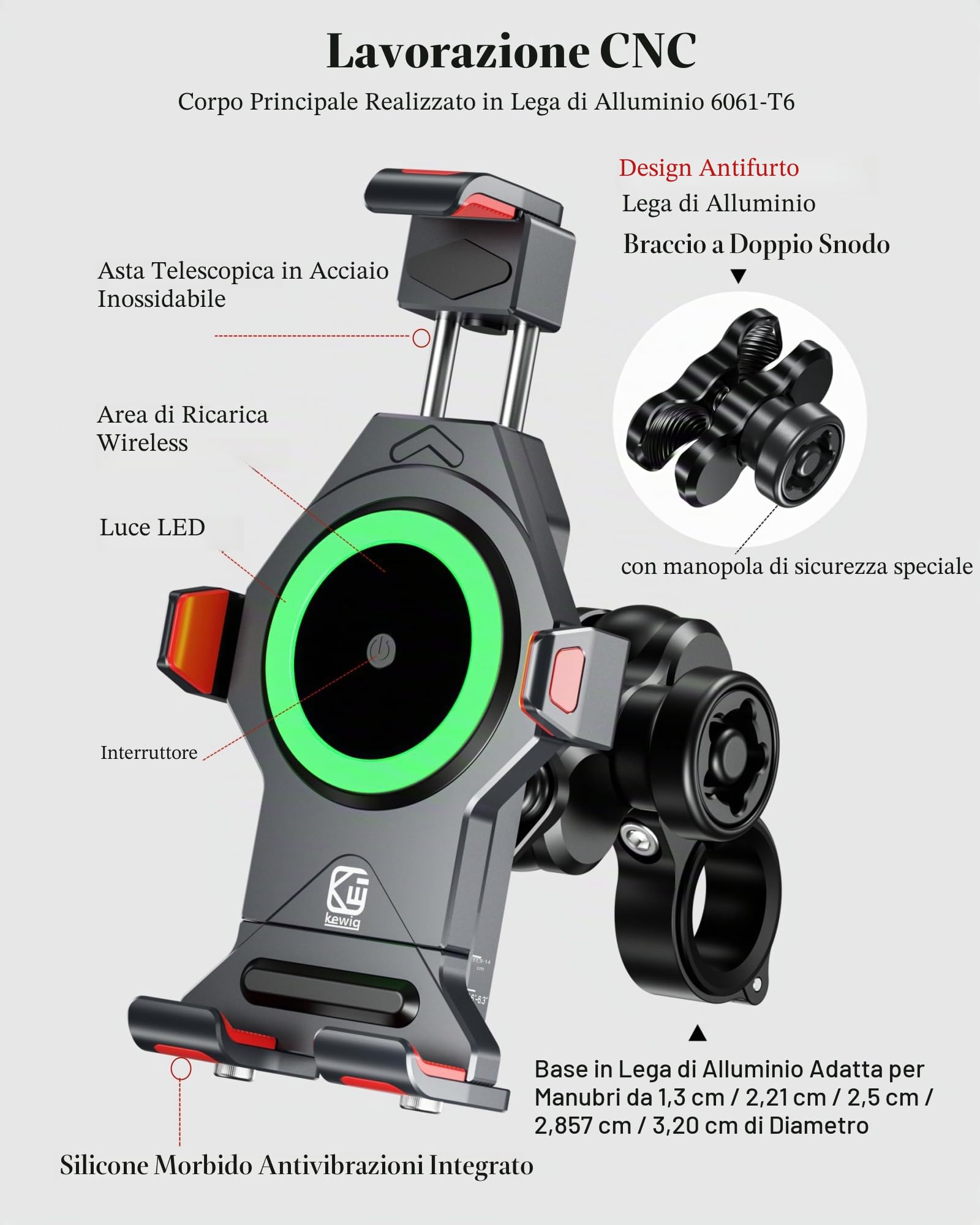 BRCOVAN Lega Alluminio Supporto Telefono Motociclo con Caricabatterie wireless Qi 15W e Smorzatore Vibrazioni, Impermeabile Metallo Manubrio Porta Telefono per 4.7''-7.2'' Smartphone