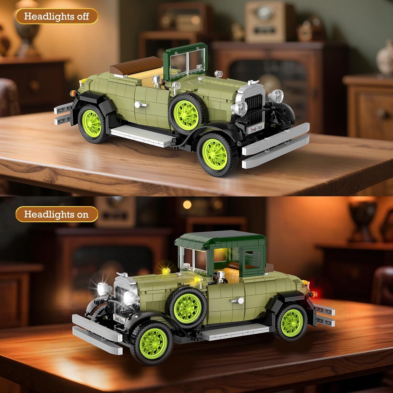 Vintage Classic Car Model Building Set with Light for Adults Boys Girls (1297 PCS), Antique Cars Model Home Office Collection, Retro Classic Car Building Toy