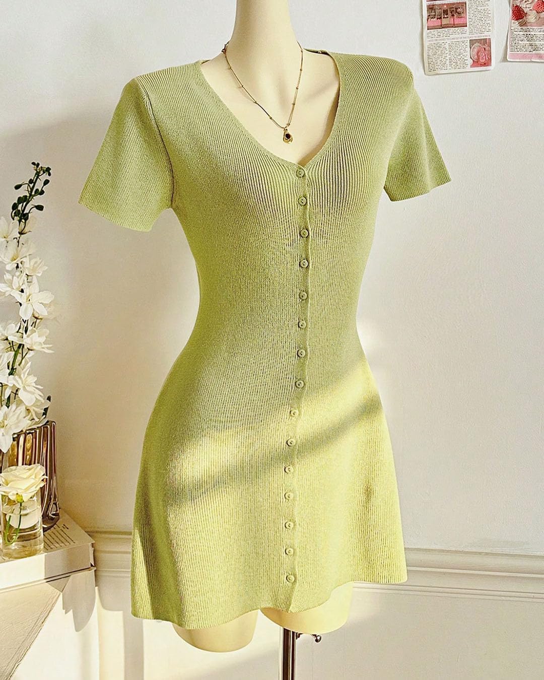 LOFAAC Women Sexy V Neck Button Down Knitted Short Dress Slim Fit Cap Sleeve Flowy Swing Going Out Mini Dress Summer - Image 6